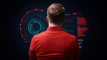 A person in a red shirt observes abstract data visualizations on a dark screen, suggesting themes of technology and analytics.