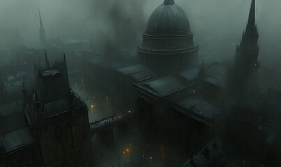 Dark Cityscape with Dome in Fog