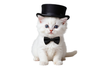 A cute little white kitten sits in a burlap cylinder with a butterfly, showing off animal clothing.