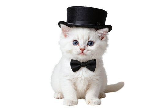 A cute little white kitten sits in a burlap cylinder with a butterfly, showing off animal clothing.