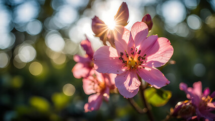 Delicate pink flowers blooming under soft sunlight, with a dreamy bokeh backdrop, evoking the serene beauty of spring and nature's peaceful charm.