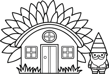 Fototapeta premium Outline Sunflower House with Door, Windows, Grass, and Gnome with Striped Hat