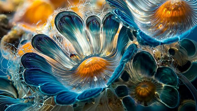 Vibrant close-up of colorful jellyfish in an underwater scene with luminous tentacles and bubbles