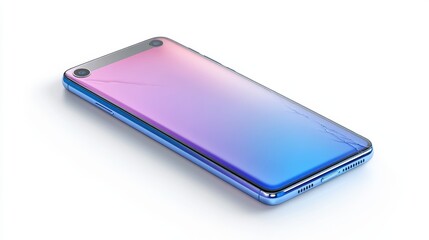 A smartphone with a cracked screen isolated on a pure white background, realistic lighting and shadow, ideal for cut-out and compositing