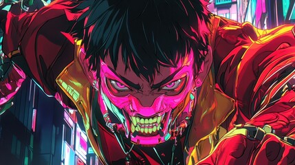 A cyberpunk anime boy striking a dramatic pose with a pink Oni mask.