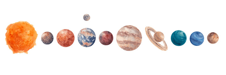 Watercolor Solar system planets on white background. Hand drawn illustration of Sun, Moon,Mercury, Venus, Mars, Earth, Jupiter, Saturn, Neptune, Uranus, Pluto.