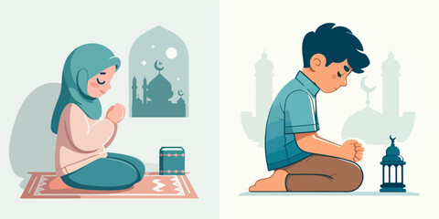 set vector kids muslim praying