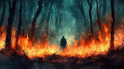 High Quality Watercolor Painting of a Mysterious Figure Surrounded by Flames in a Dark Forest Setting