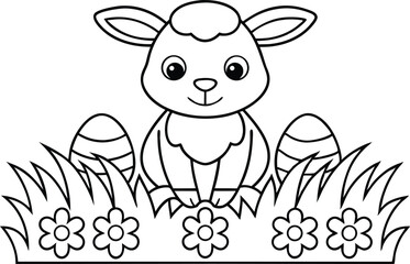 Lamb Between Easter Eggs and Flowers on Grass Coloring Page Outline Style