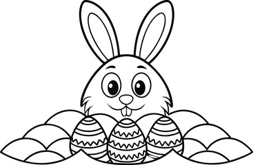 Bunny with Decorated Eggs Outline, Black Lines, Floral Ornament, Drawing on White