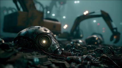Fototapeta premium Machines in a Bleak Environment: A cold, dystopian scene unfolds as mechanical devices and excavators dominate the foreground, their forms partially buried in the rubble.