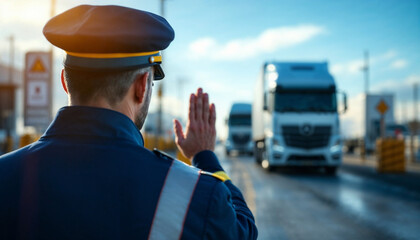 Customs officer in uniform halts trucks at a border checkpoint under bright midday sun.