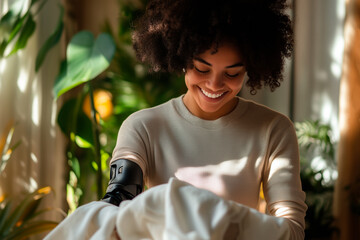 Young woman with prosthetic arm folding laundry, smiling and looking down