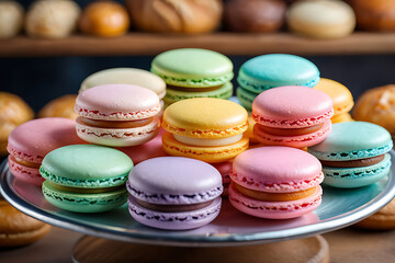 Obraz premium A vibrant selection of colorful macarons artfully displayed on a bakery tray, featuring a tempting variety of sweet gourmet flavors.