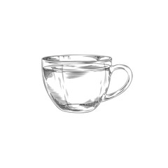 Vector illustration of black and white sketch of glass mug with liquid inside.