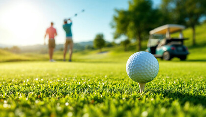 Close-up of a white golf ball on a tee on a green fairway under bright sunlight.