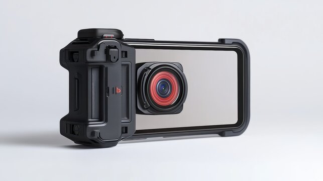 A smartphone with a high-quality front camera for vlogging and live streaming isolated on a pure white background, realistic lighting and shadow, ideal for cut-out and compositing