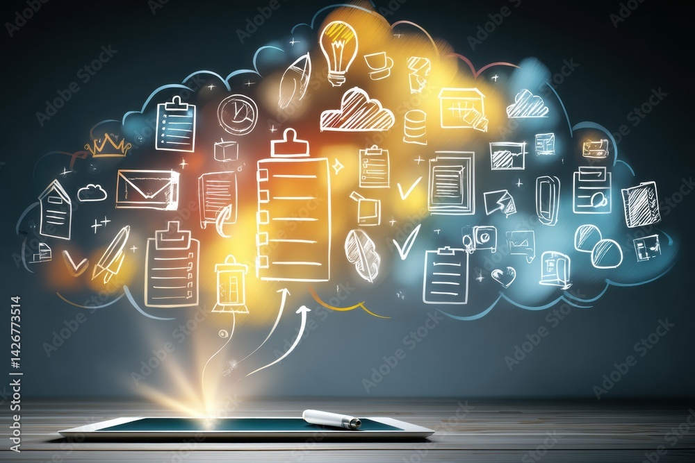 Aufkleber checklist of healthy goals surrounded by glowing icons on a tablet with a dreamy fog in a creative w