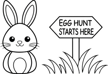 Cute outline rabbit near arrow sign among grass on white background, easter concept