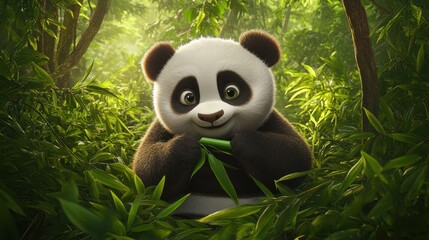 Obraz premium A delightful 3D illustration of a cute panda bear in a vibrant jungle setting.