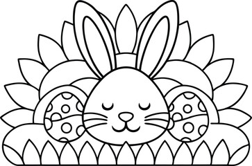 Easter Bunny Outline with Eggs and Flowers, Black Line on Transparent Background