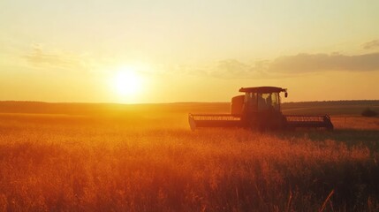 Fototapeta premium Golden sunset illuminates harvesting machinery across a vast open field