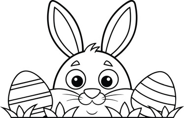 Cartoon Bunny Face with Two Easter Eggs In Black and White Line Art