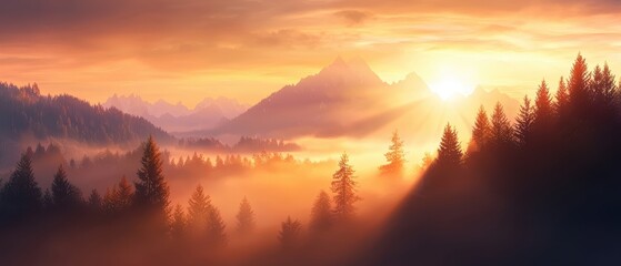 Fototapeta premium A breathtaking sunset view over mountains, silhouetted by dense forests, creating a serene and magical landscape filled with soft, diffused light.