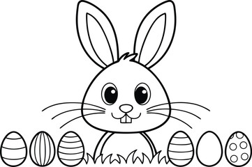 Outline Cartoon Bunny Rabbit with Decorated Easter Eggs and Grass in Black and White
