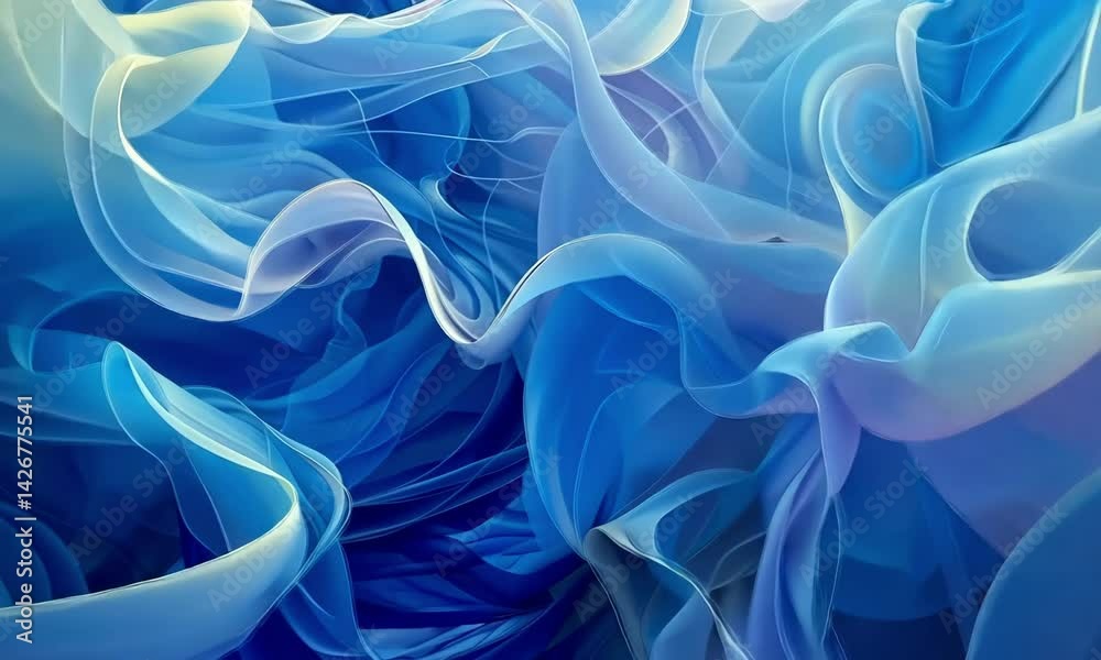 Poster explore the vibrant and dynamic patterns of blue waves and fluid forms in an artistic display of mot