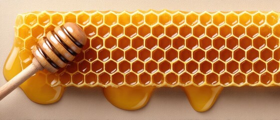 Dripping golden honey from hexagonal comb nature's delight macro shot sweet environment close-up bee's delicious creation