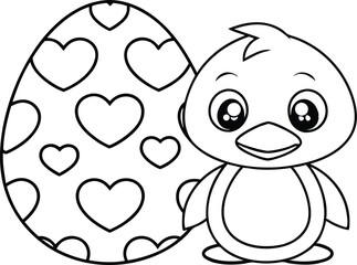 Outline Chick Standing Beside Easter Egg With Hearts on Transparent Background