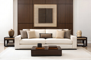 Fototapeta premium Modern living room with neutral tones, stylish furniture, and contemporary artwork