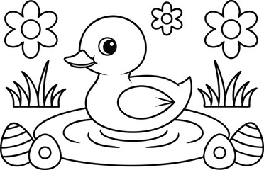 Outline Duckling in Puddle with Flowers, Grass and Easter Eggs on White Background