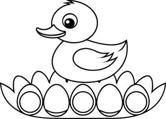 Duck sits on Eggs Outline, Simple Cartoon Black and White Line Art on Transparent