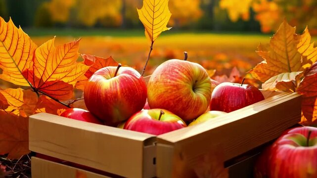 Fresh red apples harvested in wooden crate with autumn leaves. Camera moves from close-up view showing detailed apples to wider shot revealing more harvest fruits against golden fall background.