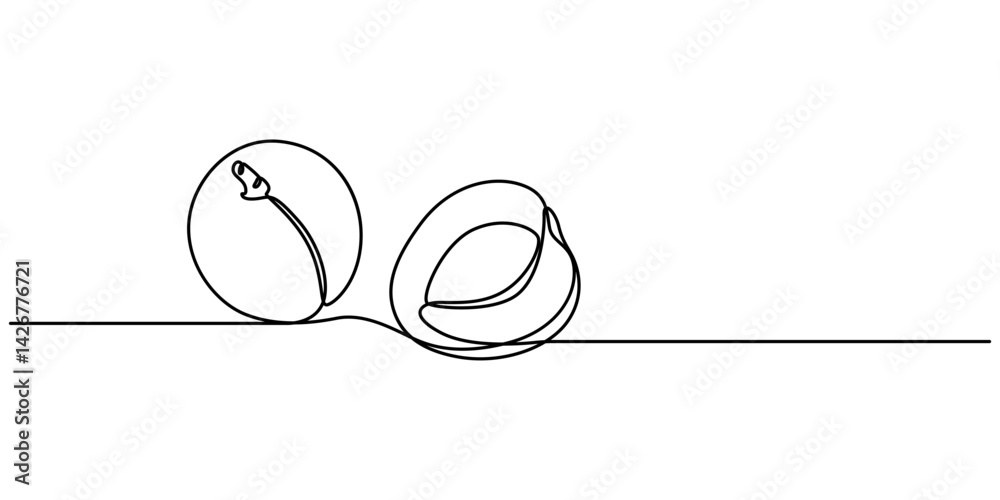 Poster apricot halves continuous one line drawing, drawn by a solid dark line an apricot and a half of an apricot on a background of abstract orange and brown spots on a white background, Apricot pro vector.