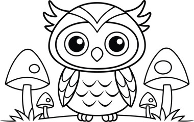 Cute Owl Standing Surrounded by Mushrooms Line Art on Transparent Background