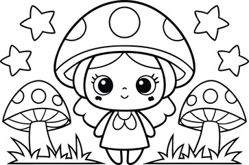 Cute Mushroom Girl with Star, Line Art Cartoon Characters, Transparent Background