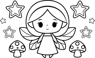 Outline Drawing of Cartoon Fairy with Wings, Stars, and Mushroom on White Background