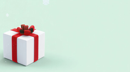 A white gift box with a red bow on a green background. The concept of an e-commerce newsletter for Christmas.