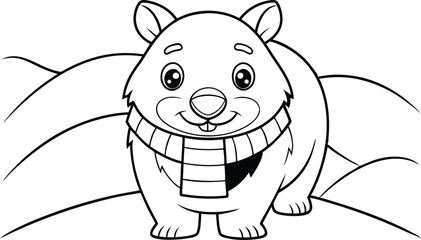 Smiling Bear with Scarf on Snowy Hills Outline Style Winter Theme Design
