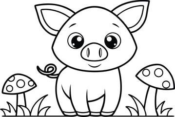 Simple Outline Drawing of Piglet with Mushrooms on Transparent Background