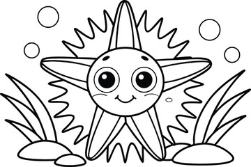 Outlined Starfish with Smiling Face, Seaweed, and Bubbles on Transparent Background