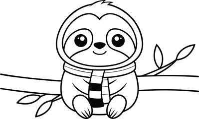 Line art Cartoon Sloth on Tree Branch Wearing Striped Scarf transparent