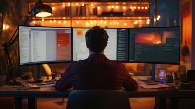 Nighttime Programmer: Triple Monitor Setup in Warm Ambient Lighting