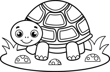 Smiling Turtle Outline Cartoon on Grass with Mushroom in Transparent Background