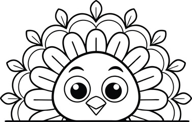 Turkey Outline with Large Eyes, Triangle Beak, and Feathers in Symmetrical Design
