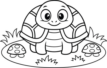 Cartoon Turtle Smiling in Black and White Outline with Smaller Turtle Friends
