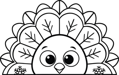 HandDrawn Turkey Cartoon with Feather Leaves in Black and White Outline Style